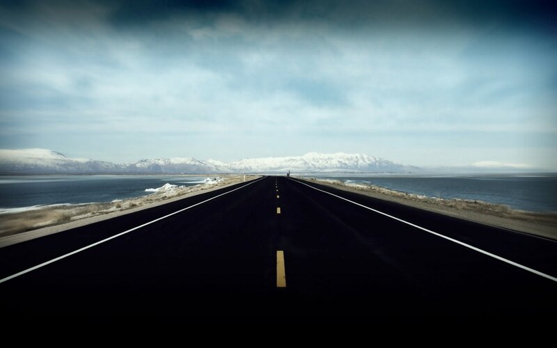 Road Stretching to Mountains — Black, Dramatic