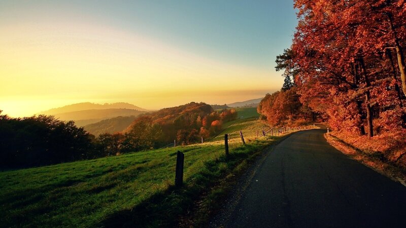 Road Through Autumn Hills — Orange, Serene, Sunset