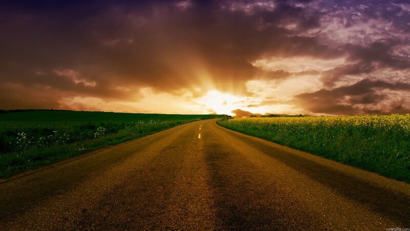 Road Through Fields at Sunset — Purple, Dramatic, Photograph