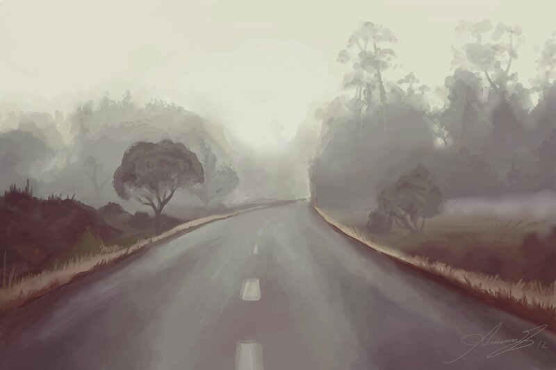 Road Through Foggy Forest — Gray, Misty