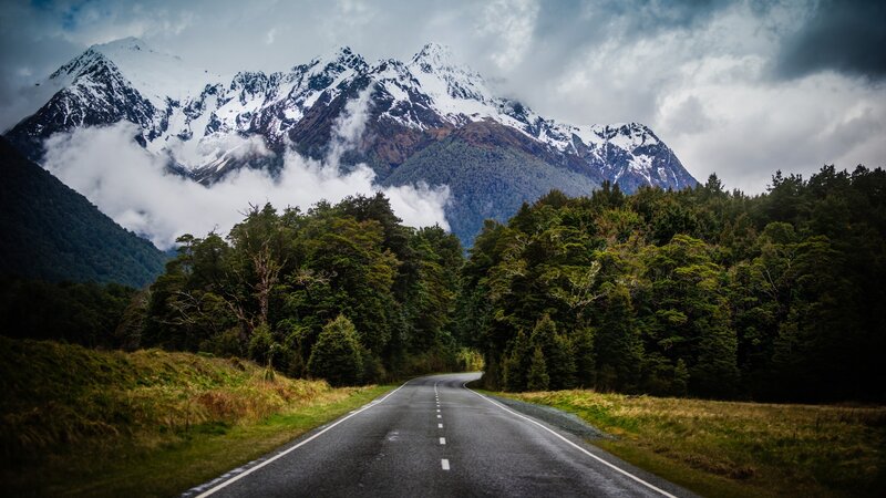 Road Through Forest and Mountains — Green, Dramatic, Photograph