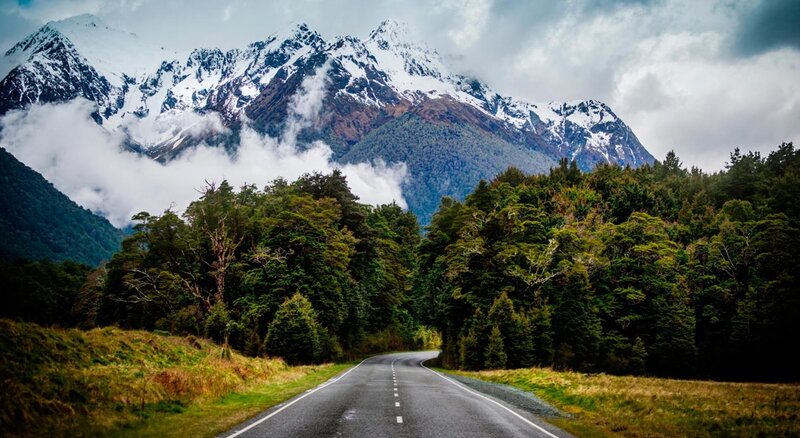 Road Through Forest and Mountains — Green, Dramatic