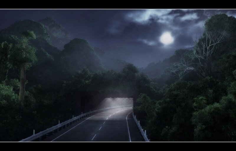 Road Through Forest at Night — Black