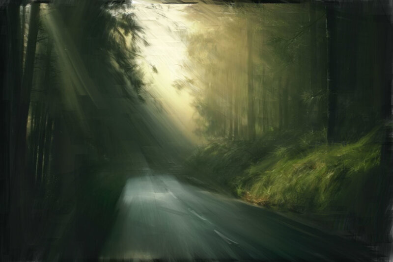 Road Through Forest — Green, Dramatic, Morning