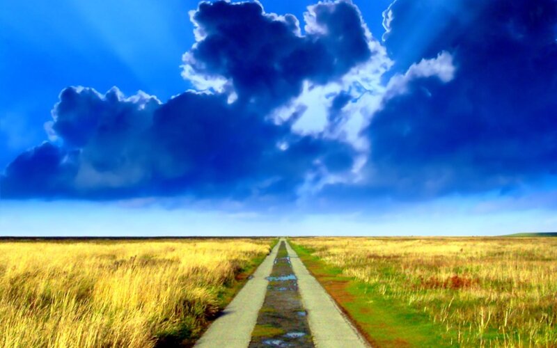 Road Through Grassland — Blue, Dramatic, Afternoon, Photograph