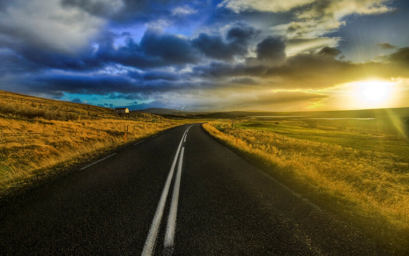 Road Through Grassy Hills — Blue, Dramatic, Sunset, Photograph, House, Clouds