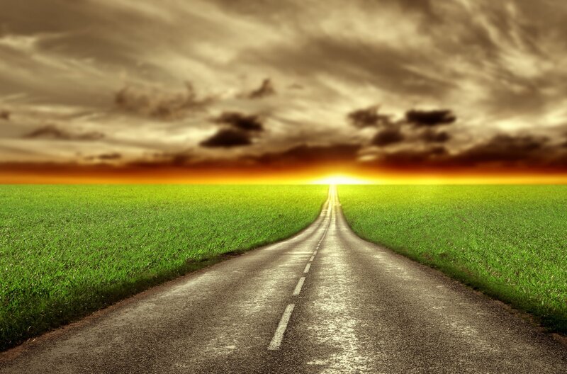 Road Through Green Fields — Dramatic, Sunset, Photograph