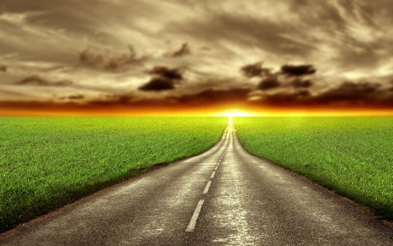 Road Through Green Fields — Dramatic, Sunset