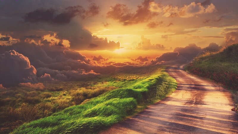 Road Through Green Hills — Dramatic, Sunset, Digital Art