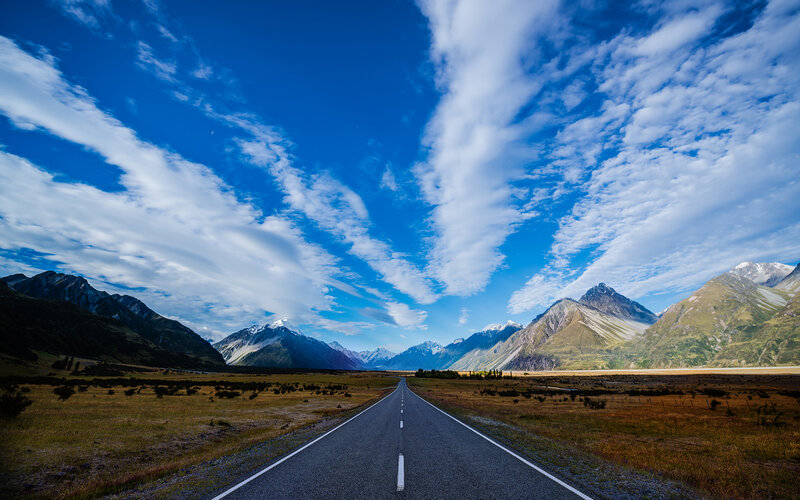 Road Through Mountain Valley — Blue, Serene, Afternoon