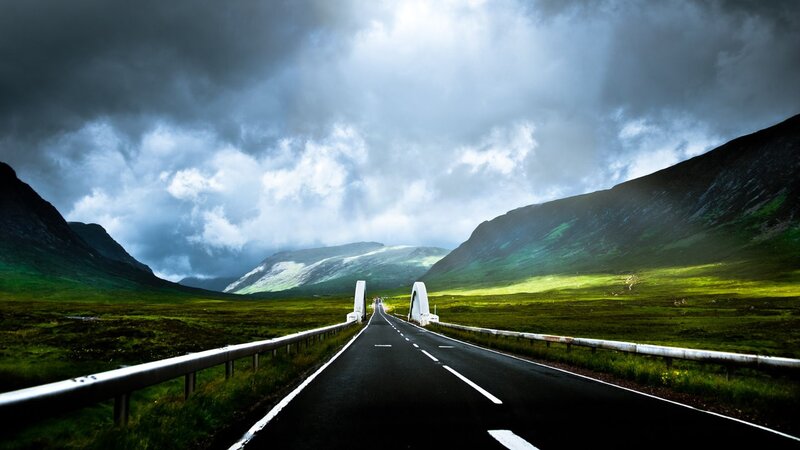 Road Through Mountain Valley — Green, Dramatic, Afternoon, Photograph, Mountains