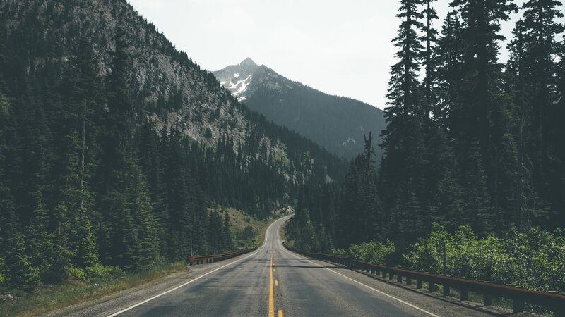 Road Through Mountain Valley — Green, Serene, Afternoon, Photograph, Forest, Guardrail