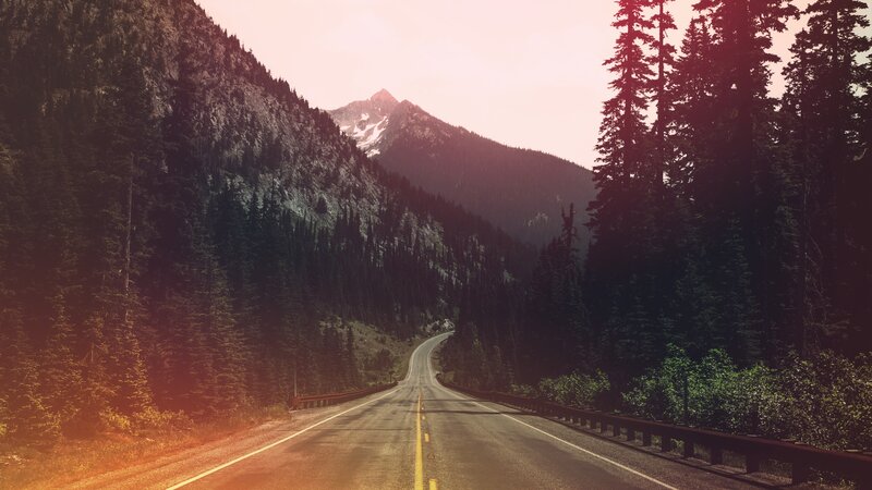 Road Through Mountain Valley — Green, Serene, Sunset