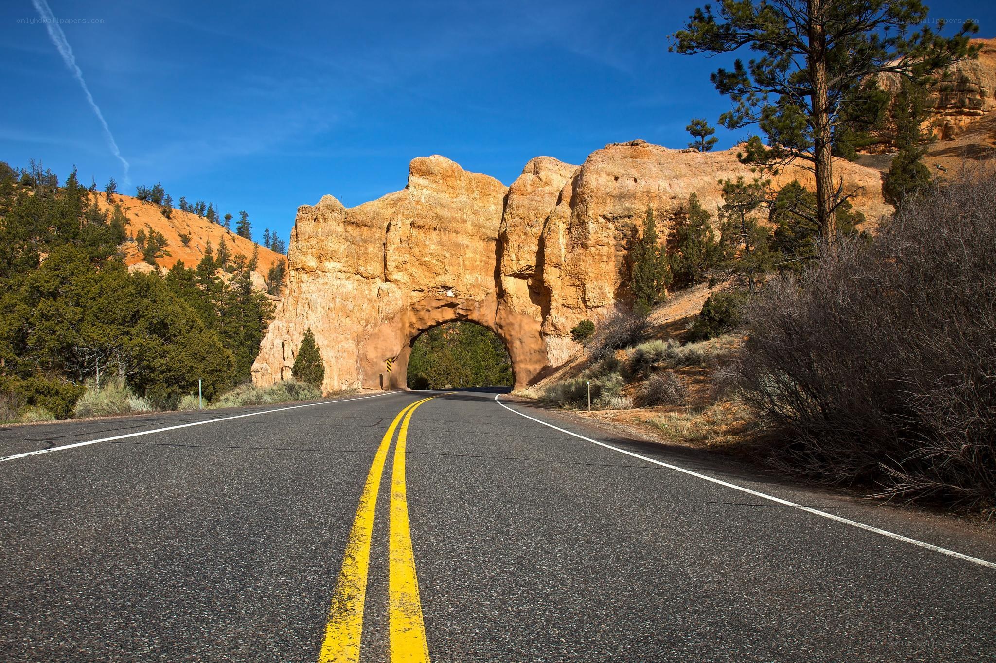 Road through natural rock arch