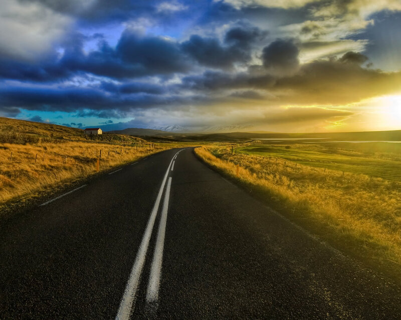 Road Through Rural Landscape — Blue