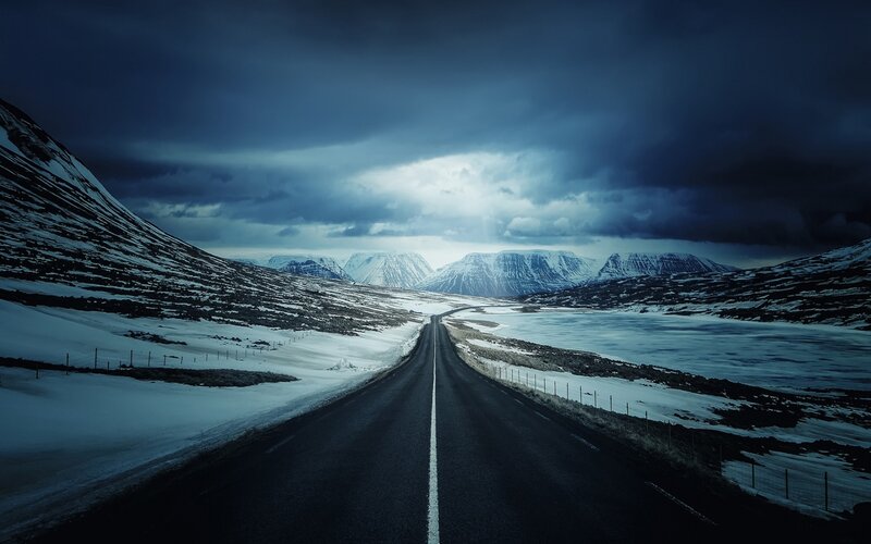 Road Through Snowy Mountains — Blue, Dramatic