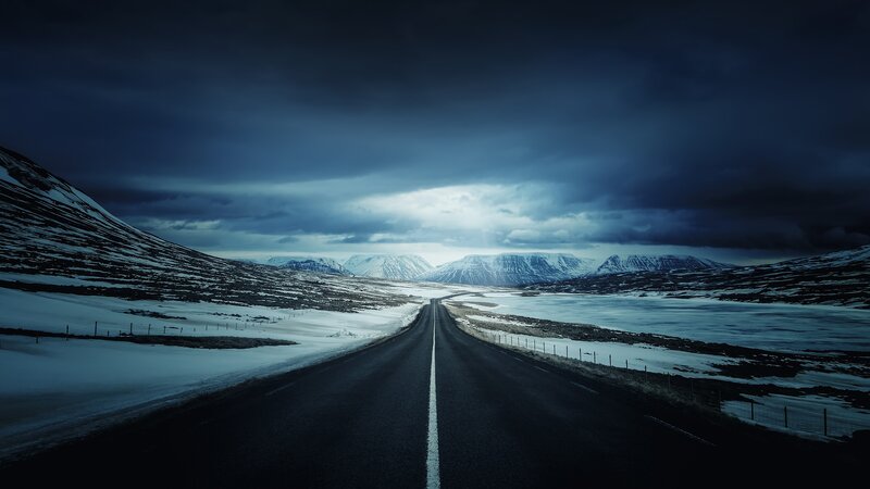 Road Through Snowy Mountains — Blue, Dramatic, Winter