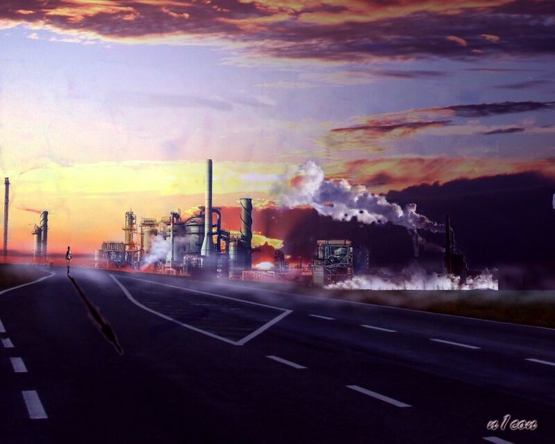 Road to industrial city at sunset