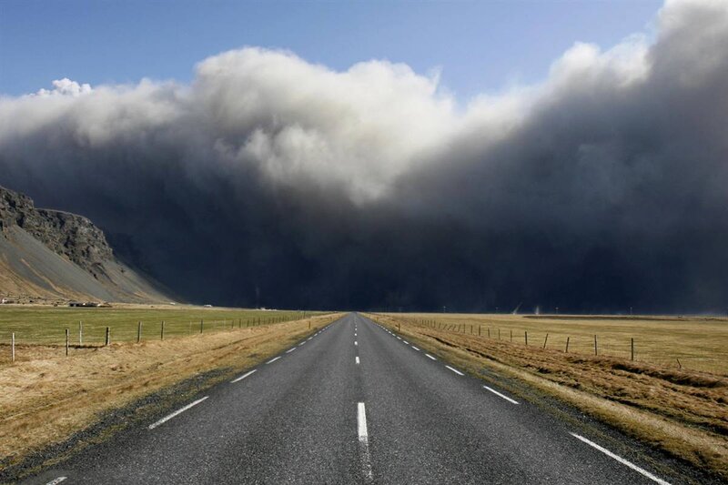 Road under volcanic ash cloud