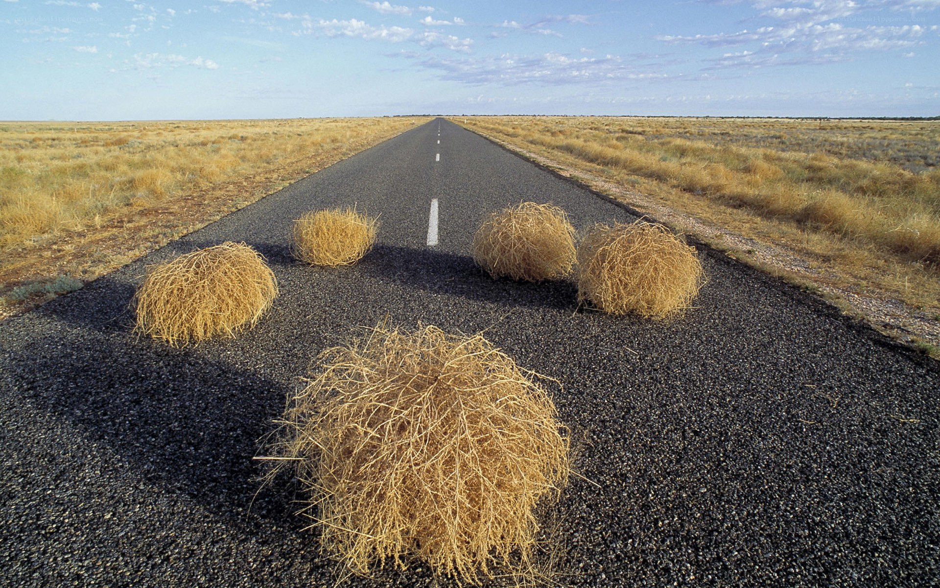 Road with hay bales in desert
