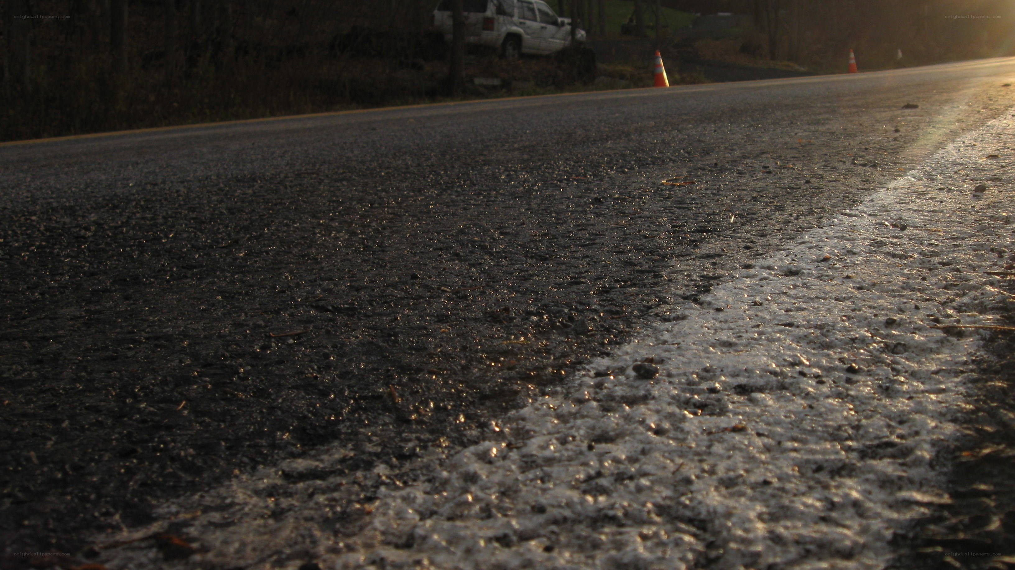 Road with ice and traffic cones