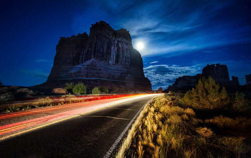 Road with Light Trails — Blue, Dramatic