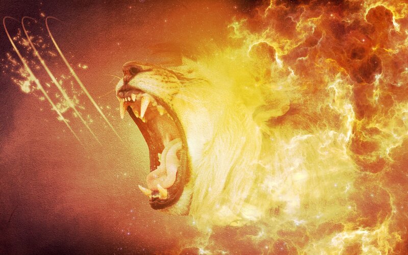 Roaring Lion Head — Yellow, Dramatic, Digital Art, Fire