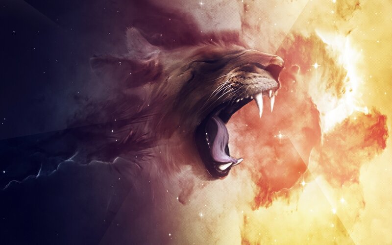 Roaring Lion Head — Yellow, Dramatic, Digital Art, Stars, Nebula