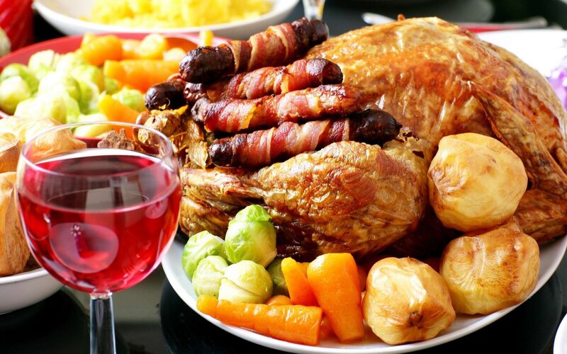 Roast Turkey Dinner — Red, Festive, Photograph, Wine Glass, Brussels Sprouts, Carrots, Potatoes, Brown