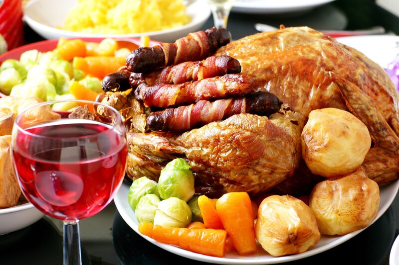 Roast Turkey Dinner — Red, Festive, Photograph, Wine Glass, Brussels Sprouts