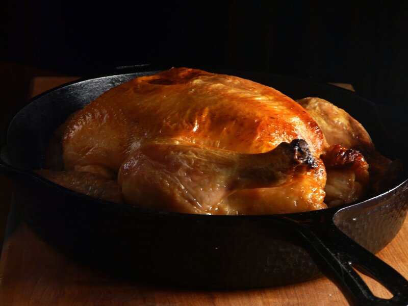 Roasted chicken in cast iron skillet