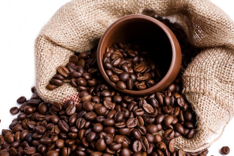 Roasted Coffee Beans — Brown, Neutral, Photograph, Burlap Sack, Clay Cup