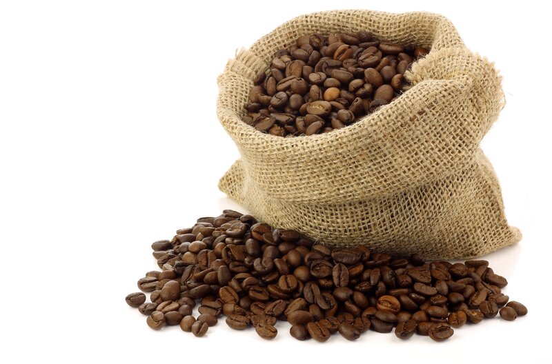 Roasted Coffee Beans — Brown, Neutral, Photograph, Burlap Sack, White Background, Beige
