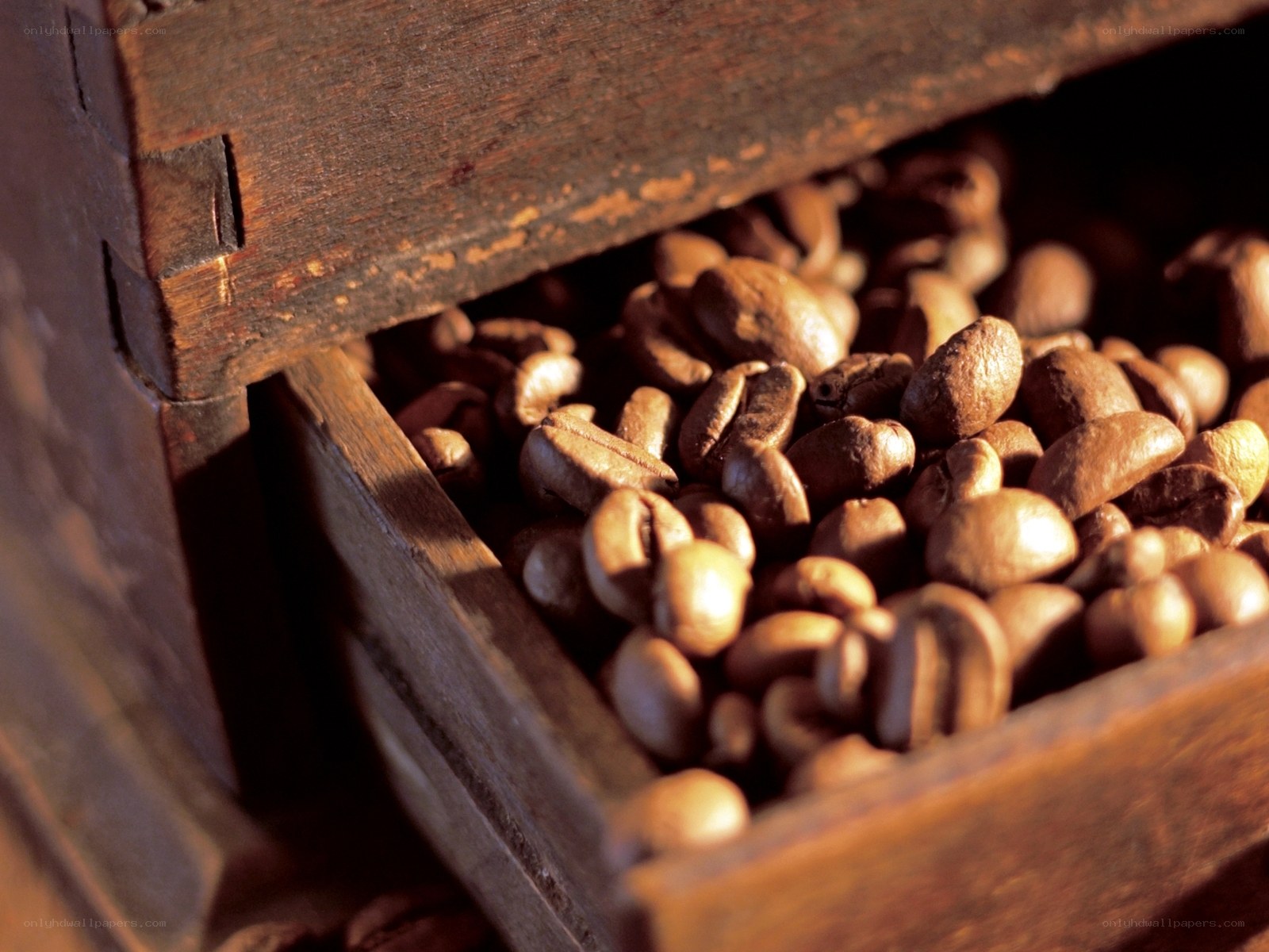roasted coffee beans in a wooden box