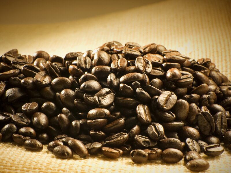 Roasted coffee beans on burlap