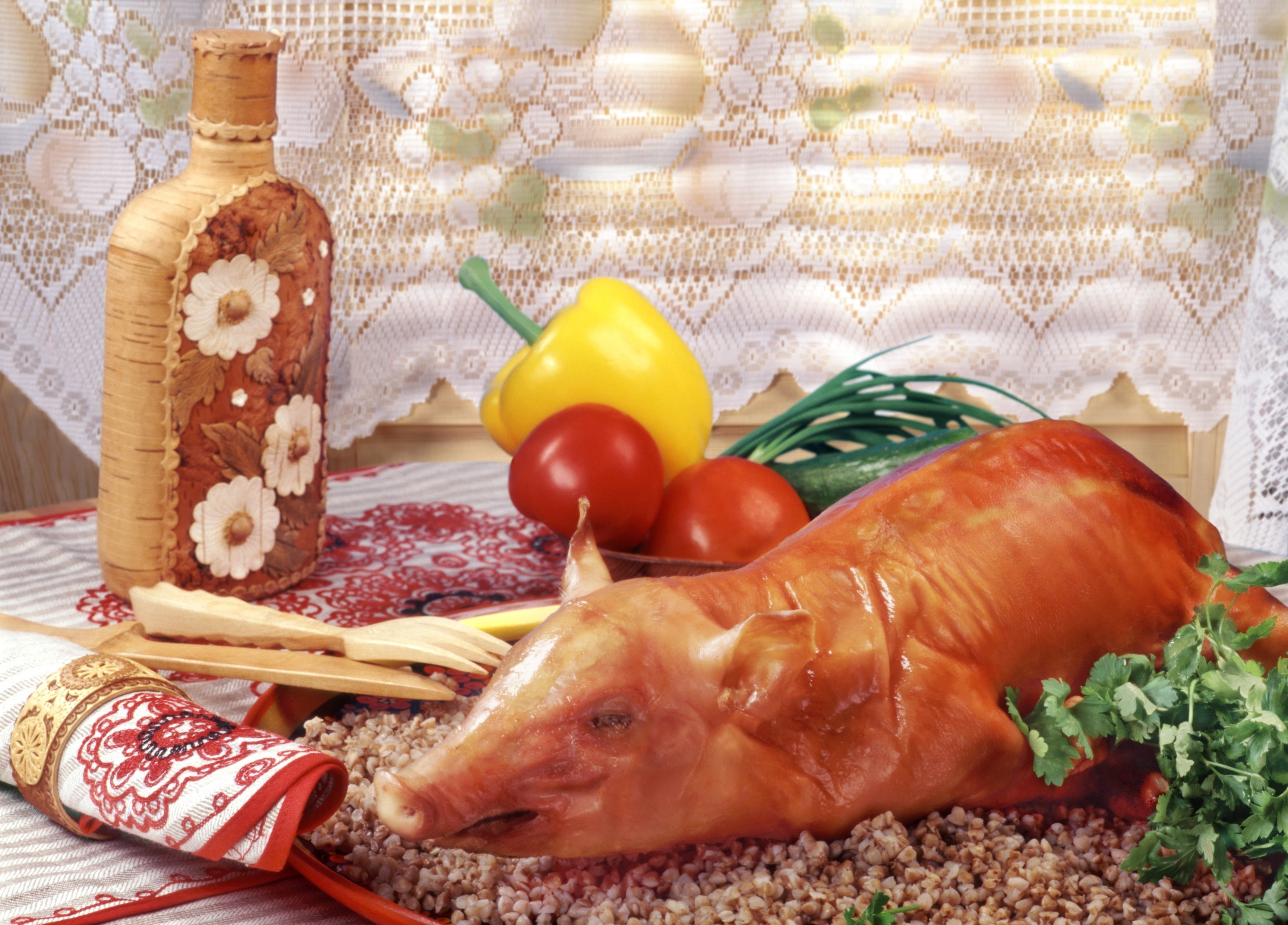 Roasted pig on buckwheat