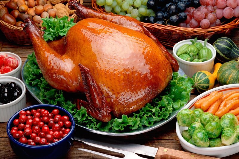 Roasted Turkey on Platter — Brown, Festive, Autumn, Photograph, Lettuce, Grapes