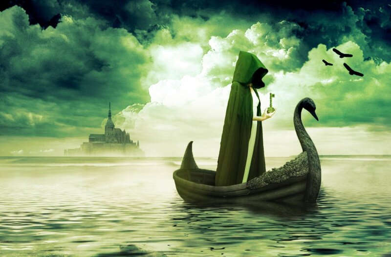 Robed Figure in Swan Boat