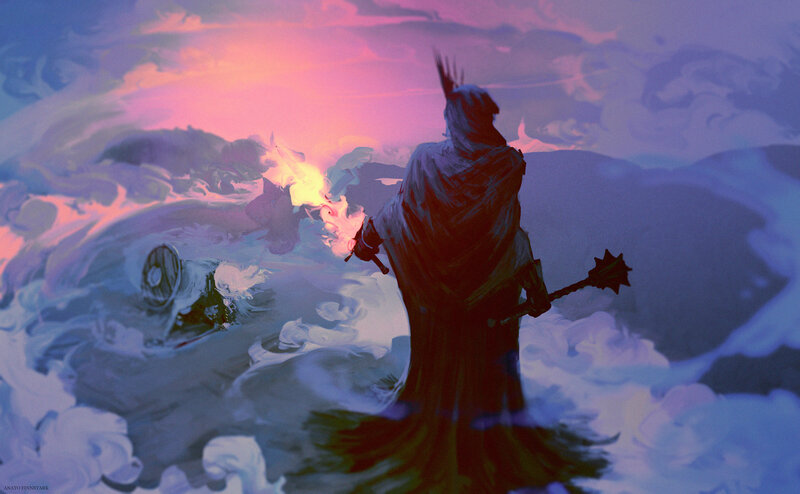 Robed Figure with Staff — Purple, Dramatic, Sunset