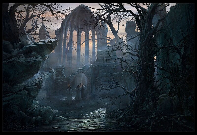 Robed Figures in Ruins — Gray, Dramatic