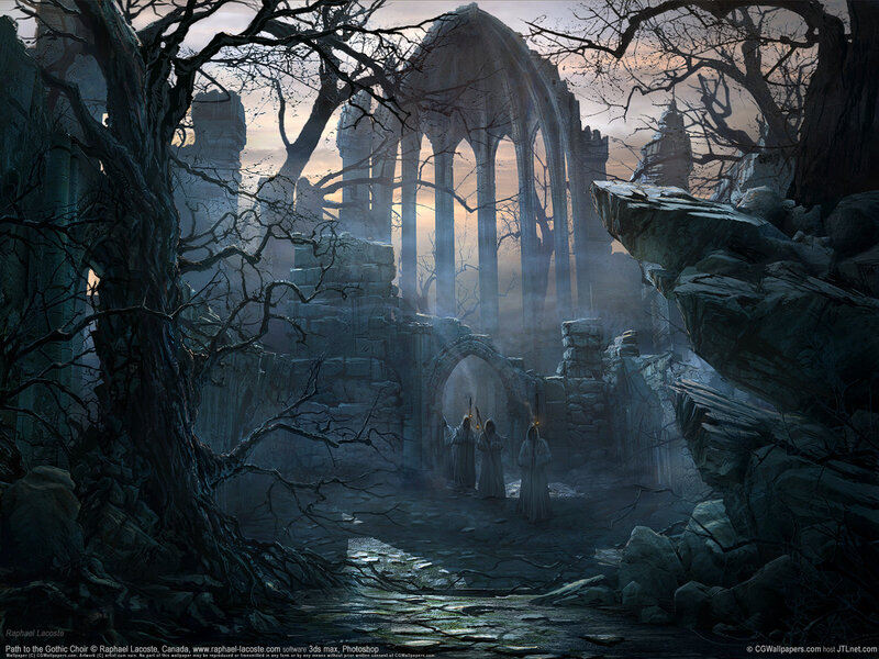 Robed Figures in Ruins — Gray
