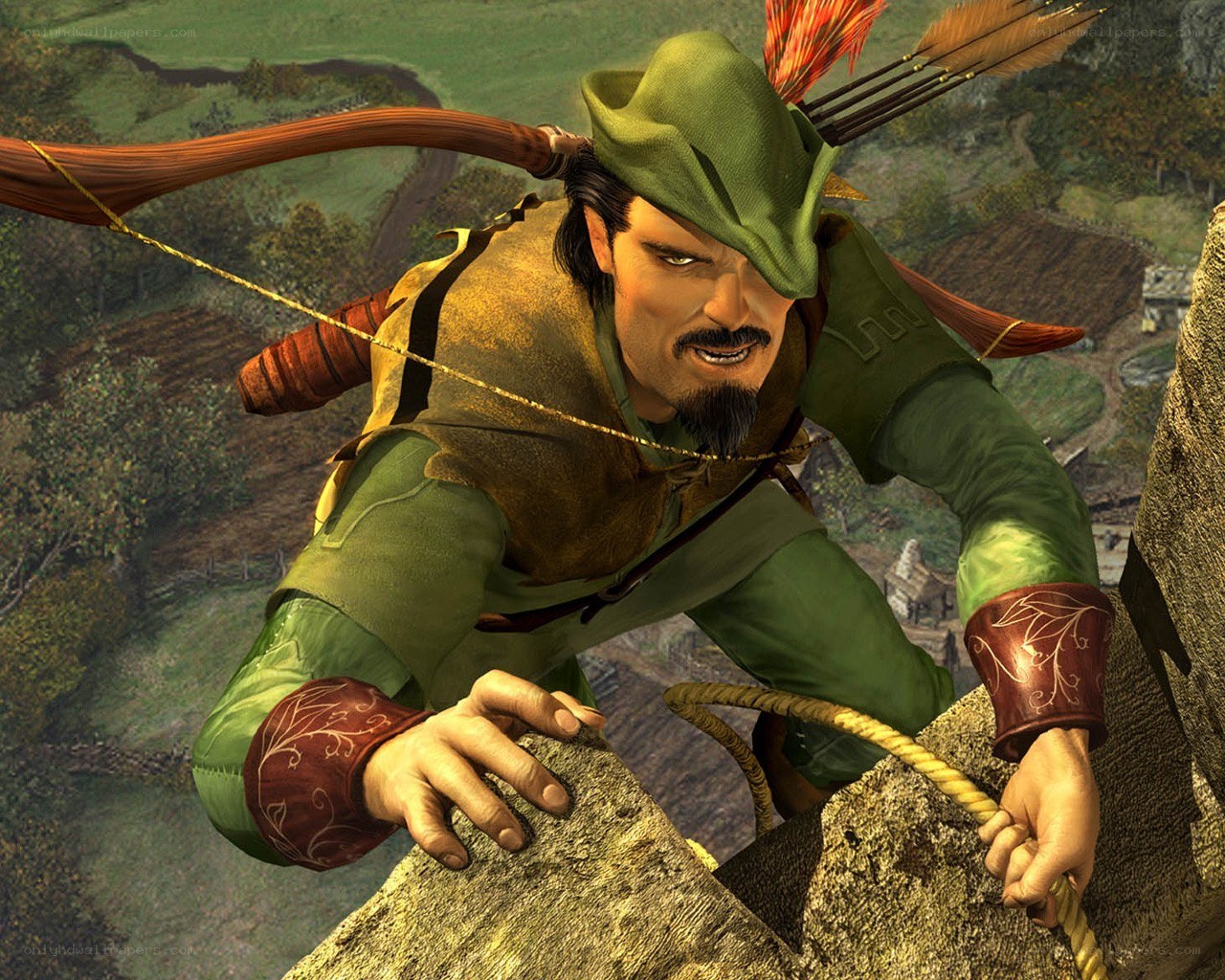Robin Hood climbing a cliff