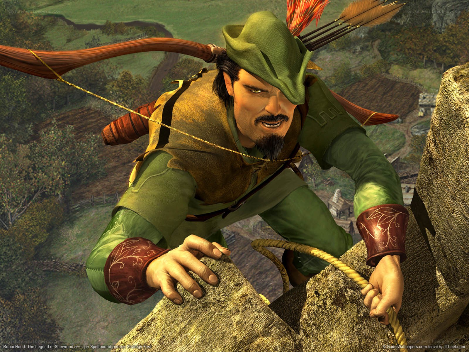 Robin Hood climbing a cliff
