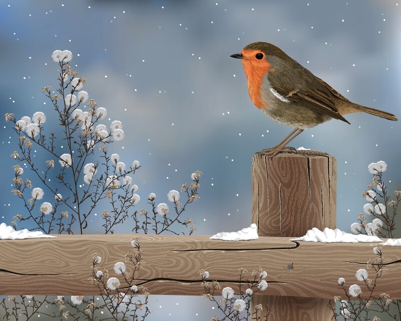 Robin on Wooden Post — Brown