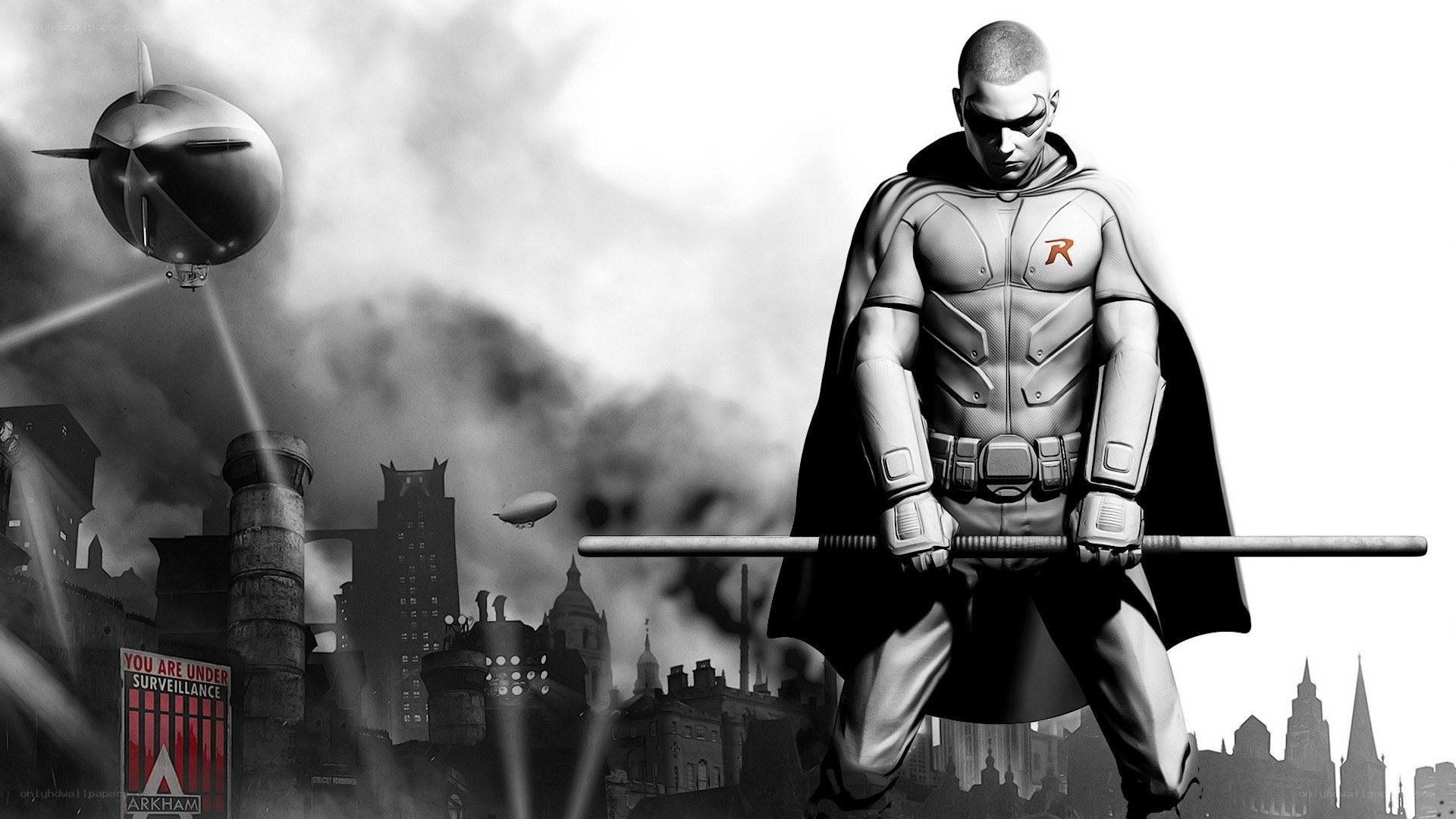 Robin stands in a war-torn city