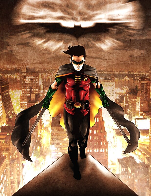 Robin stands on a rooftop