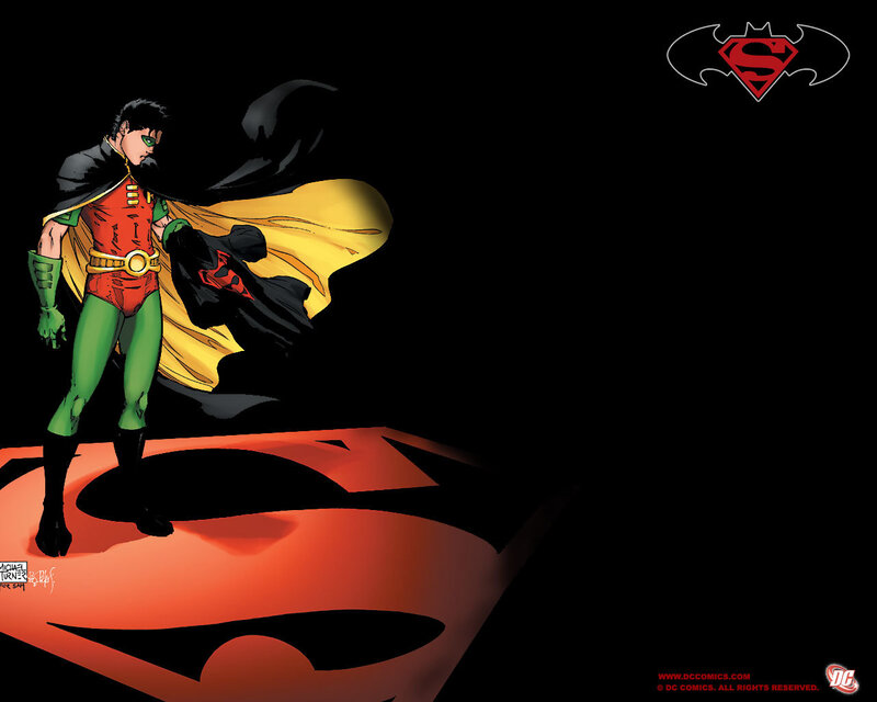 Robin stands on Superman logo