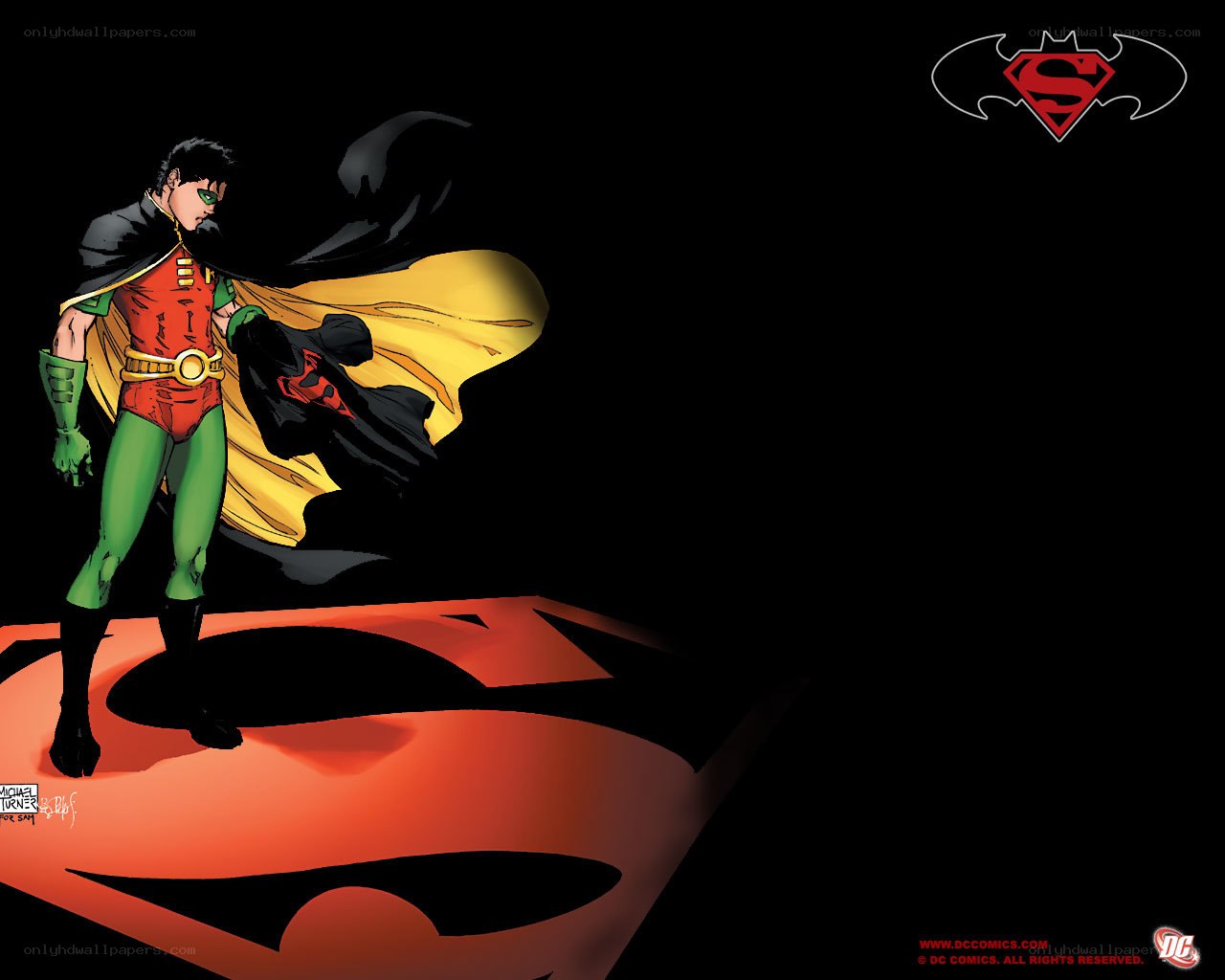 Robin stands on Superman logo