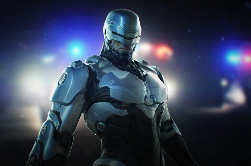 RoboCop in a city at night