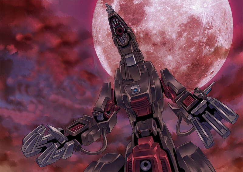 robot against red moon